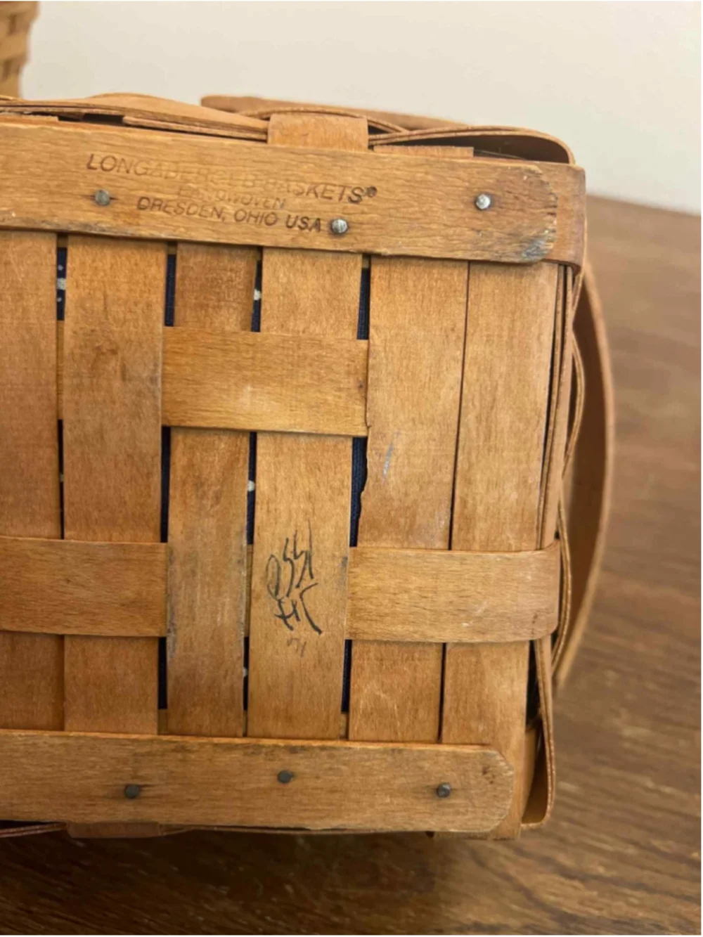Vintage Longaberger Basket 1990 Signed JH Blue Fabric Liner & Plastic Protector
